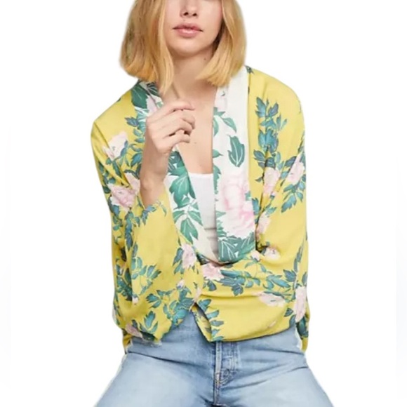 Anthropologie Elma Kimono Yellow Pink Floral Flutter Sleeve Open Cardy Top OS - Picture 1 of 12